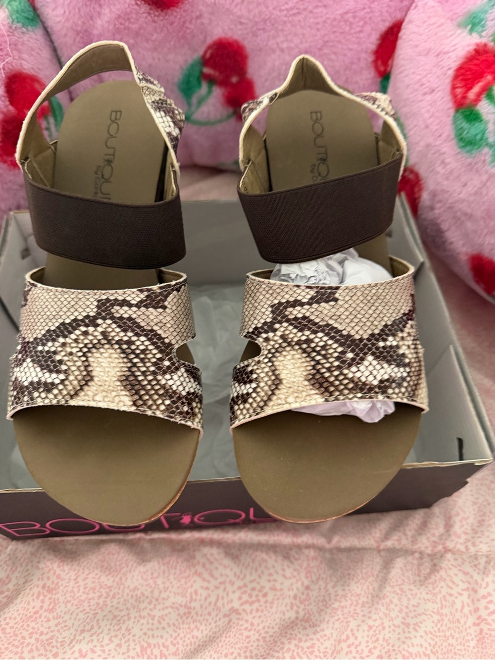 Boutique9 Snake-Print Elastic Strap Sandals in Brown and Cream